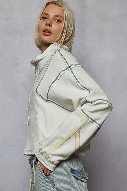 POL Contrast Stitching Zip Front Sweatshirt