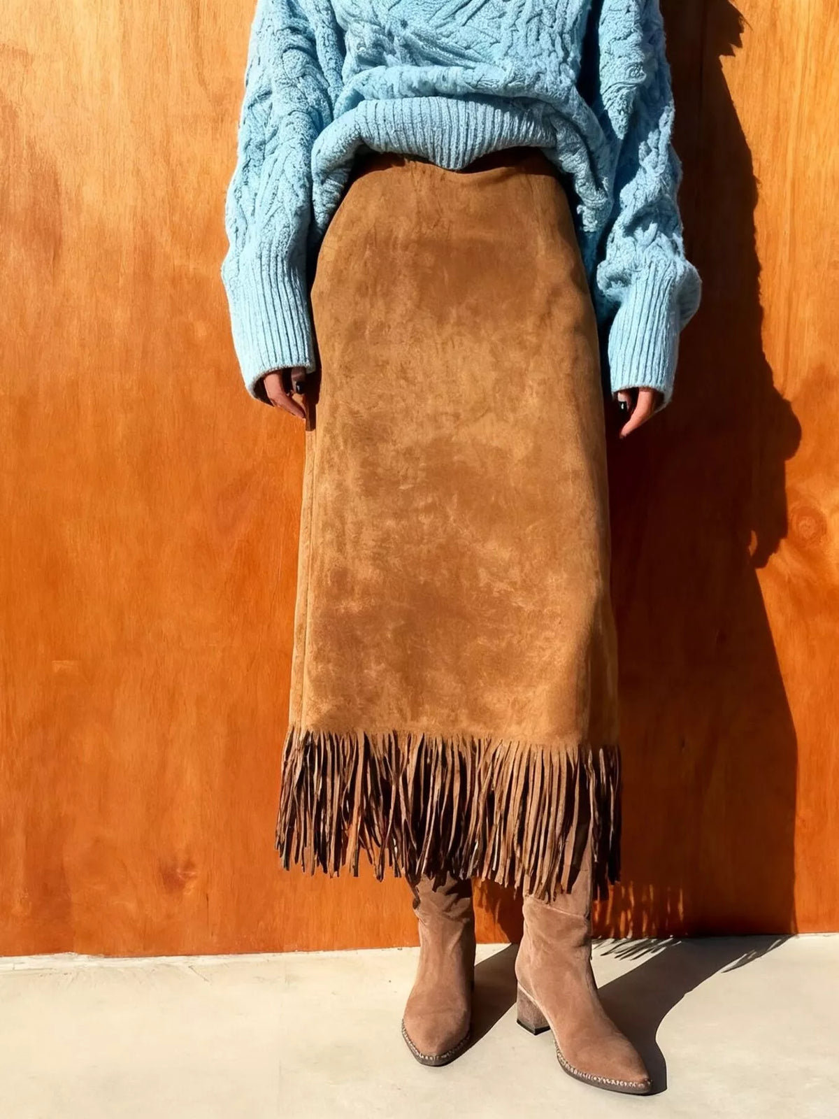 Suede Fringe Midi Skirt