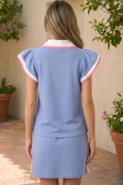 Striped Trim V Neck Polo Tee Drawstring Skirt Set