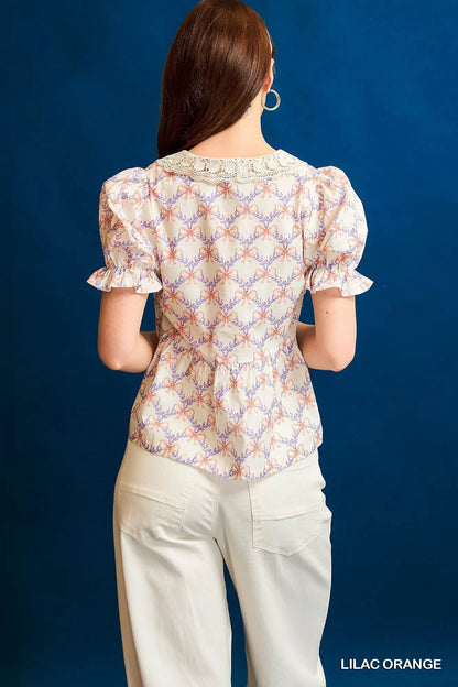 Umgee Lace Detail Bow Print Flounce Sleeve Blouse