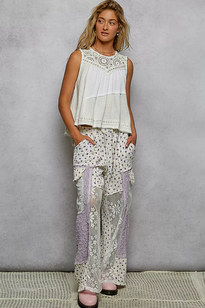 POL Round Neck Sleeveless Top with Crochet Contrast