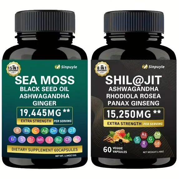 15-in-1 Sea Moss & 8-in-1 Shilajit Ashwagandha Supplement Bundle Energy Mood Support 60 Capsules Each