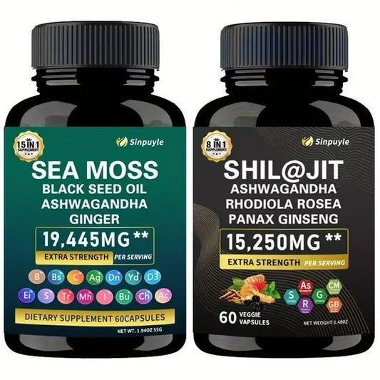 15-in-1 Sea Moss & 8-in-1 Shilajit Ashwagandha Supplement Bundle Energy Mood Support 60 Capsules Each