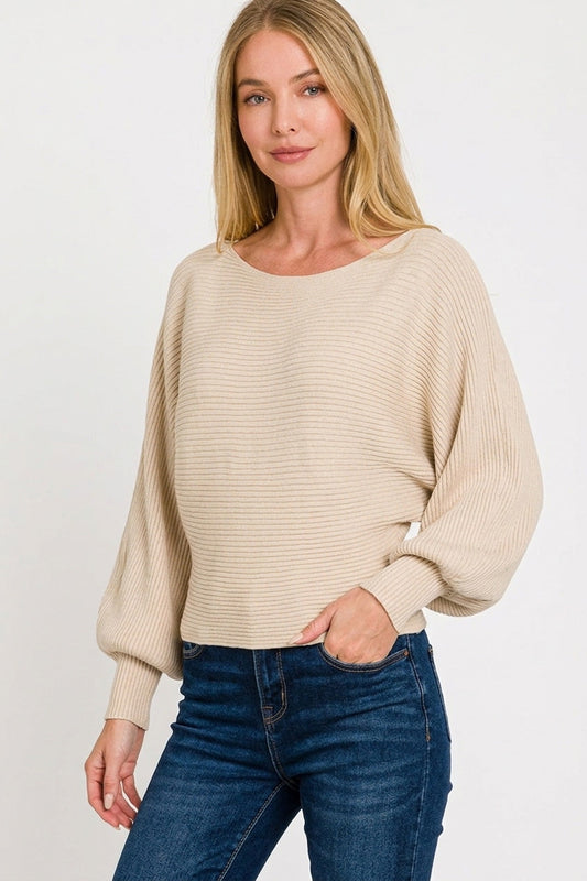 Zenana Boat Neck Balloon Sleeve Sweater