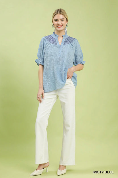 Umgee Textured Henley Blouse with Ruffle Cuffs