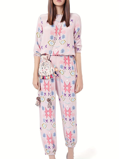 Printed Round Neck Long Sleeve Top and Pants Lounge Set
