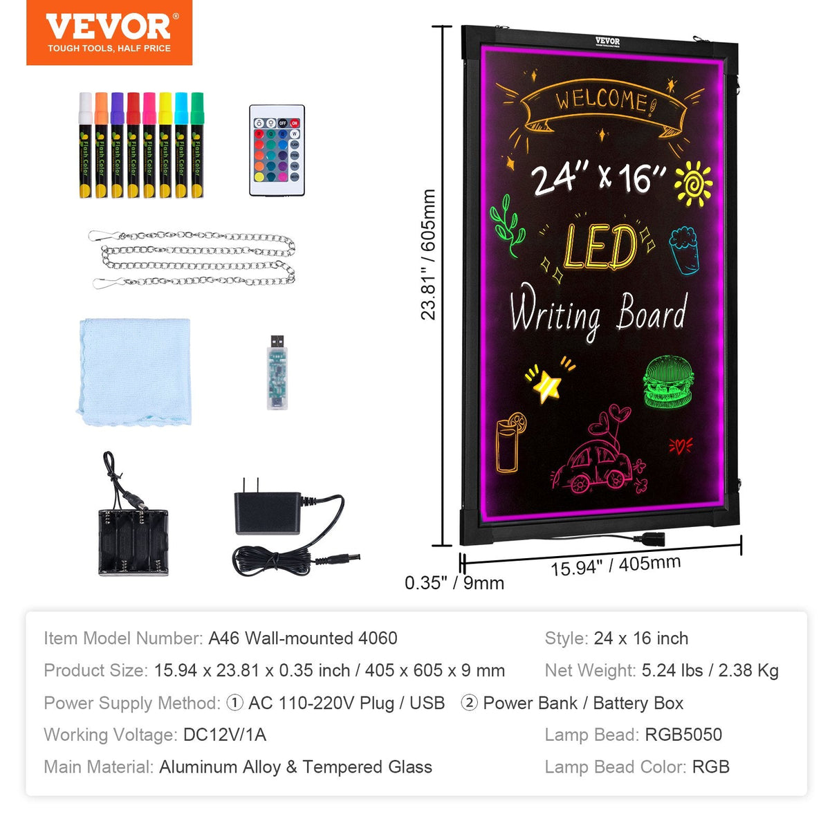 VEVOR LED Message Writing Board, Illuminated Erasable Lighted Chalkboard, Neon Effect Menu Sign Board, Drawing Board With 8 Fluorescent Chalk Markers And Remote Tested To UL Standards