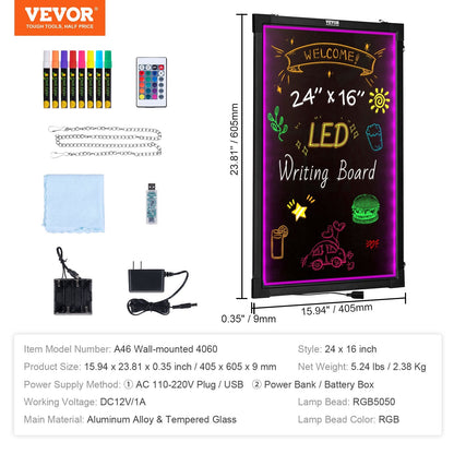 VEVOR LED Message Writing Board, Illuminated Erasable Lighted Chalkboard, Neon Effect Menu Sign Board, Drawing Board With 8 Fluorescent Chalk Markers And Remote Tested To UL Standards