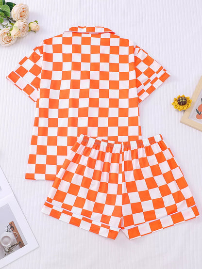 Checkered Print Button Up Top and Shorts Lounge Set