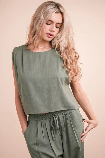 VERY J Solid Woven Top & Pants Set