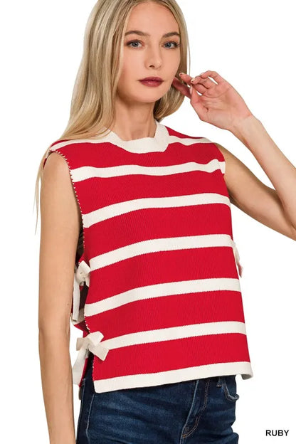 Zenana Side Tie Stripe Sweater Vest
