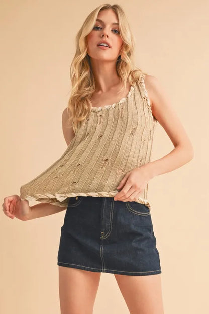 Aemi+Co Distressed Detail Round Neck Knit Tank