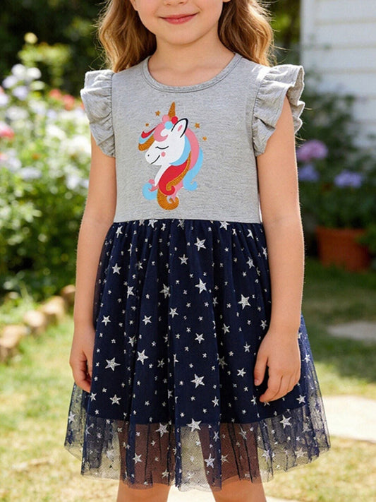 Children's Unicorn Graphic Ruffle Sleeve Tulle Dress