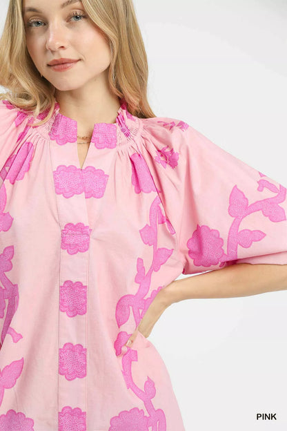 Umgee Floral Smocked Notched Puff Sleeve Blouse