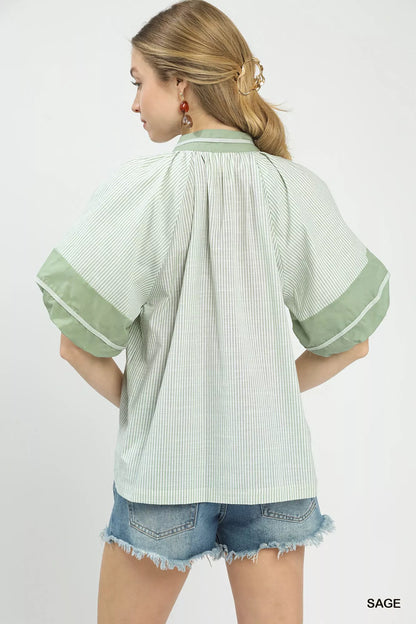 Umgee Striped Mixed Puff Sleeve Blouse