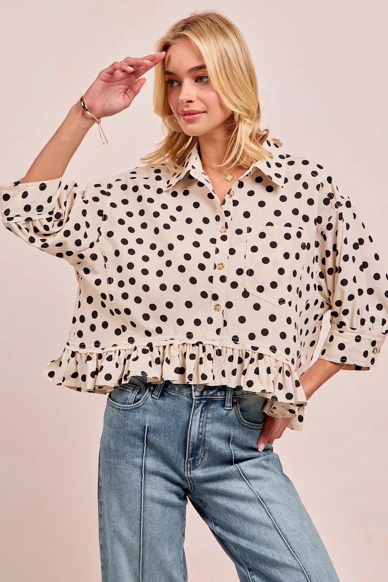 BiBi Polka Dot Printed Peplum Top with Front Button