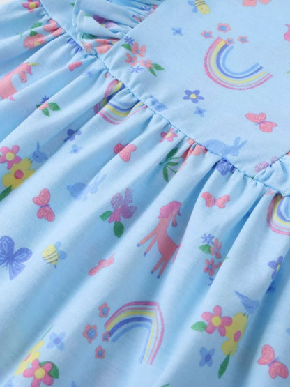 Children's Unicorn Rainbow Print Ruffle Trim Long Sleeve Dress