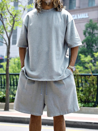 Men's Full Size Round Neck Short Sleeve Top and Shorts Set Plus Size