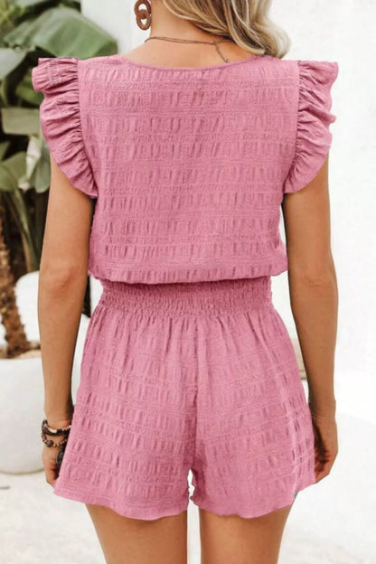 Ruffled Sleeve Textured Top and Shorts Two-Piece Set