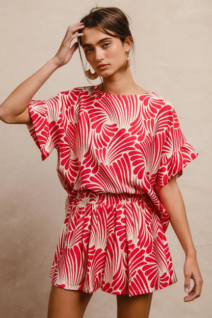 BiBi Print Woven Ruffled Sleeves Top