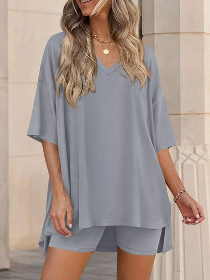 Full Size Casual Loose V-Neck T-Shirt & Shorts Set Plus Size
