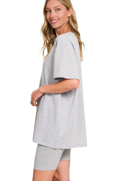 Zenana Cotton Round Neck Top & Biker Shorts