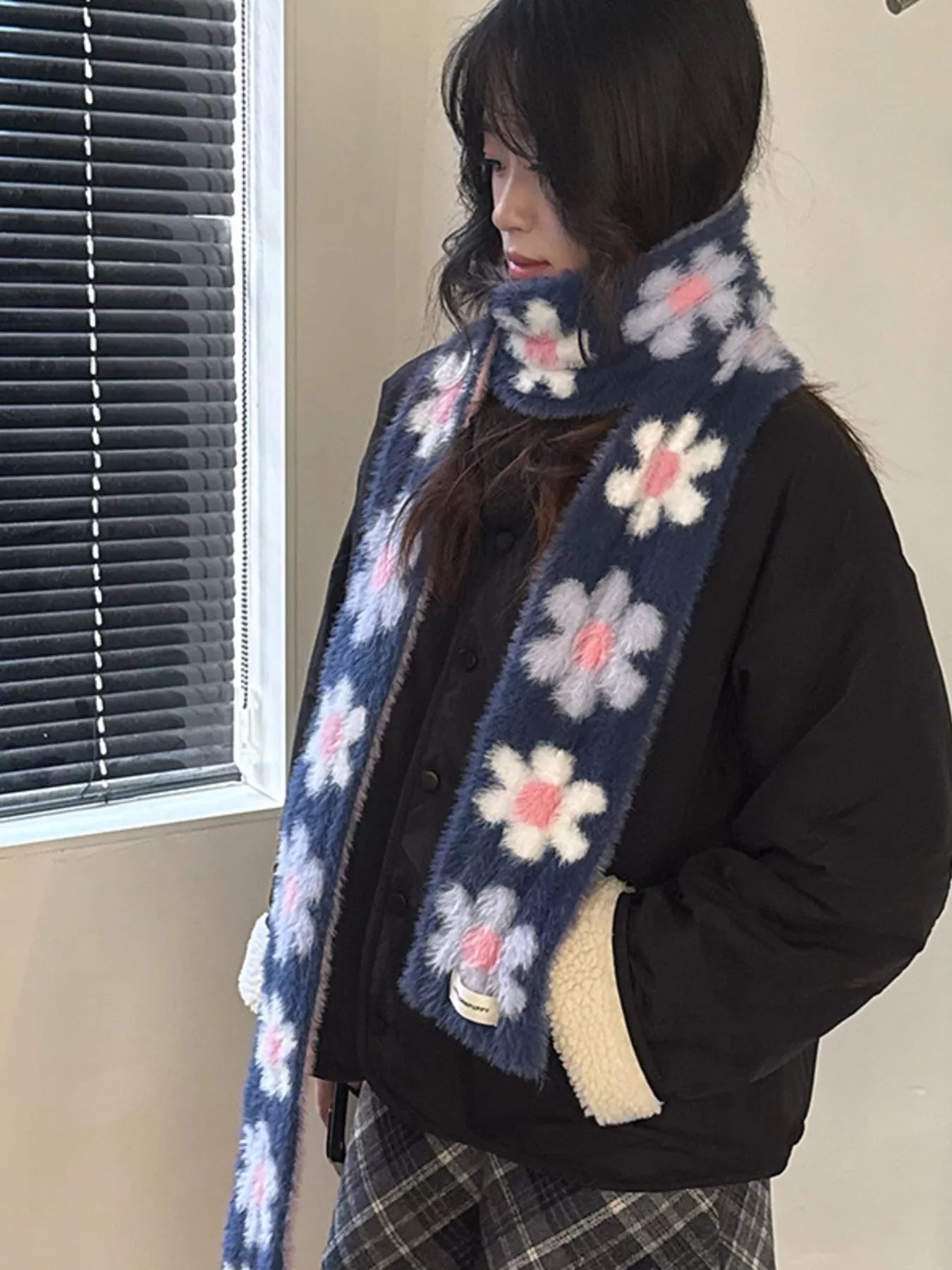 Floral Fuzzy Knit Scarf