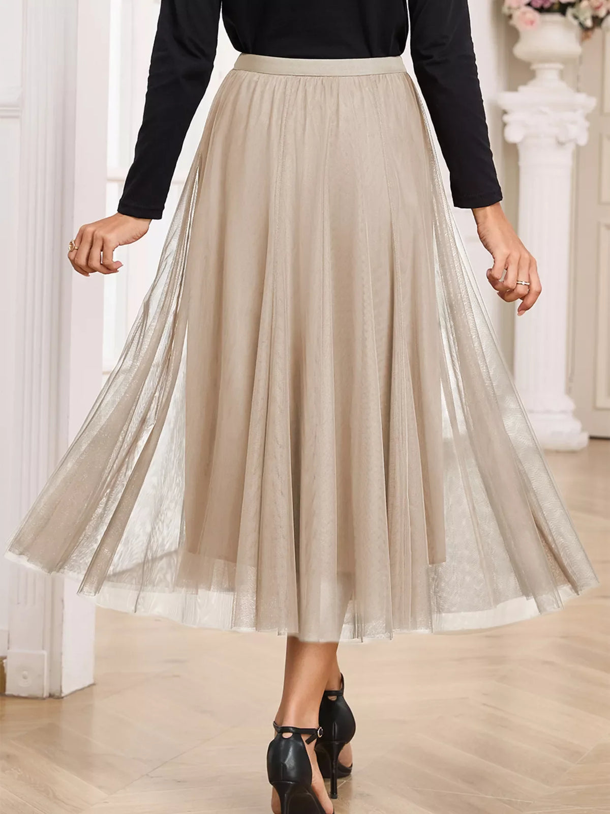 Tulle Mesh Overlay Flared Midi Skirt
