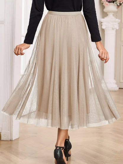 Tulle Mesh Overlay Flared Midi Skirt