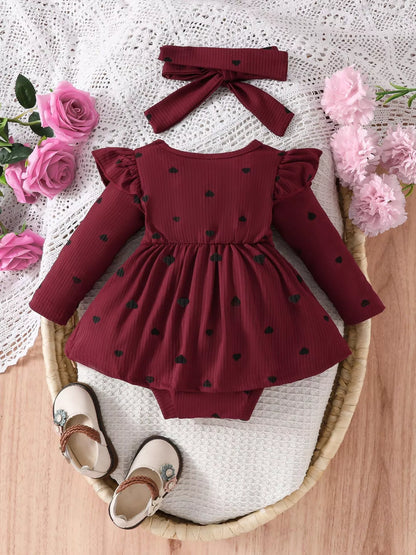 Children's Heart Print Ruffle Trim Bodysuit Dress with Headband