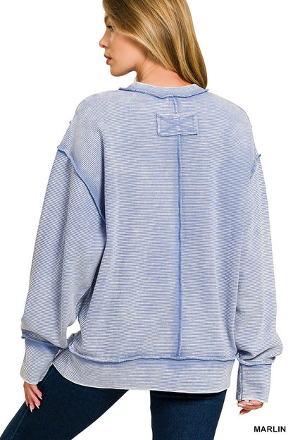 Zenana Acid Washed Double Ribbed Exposed-Seam Sweatshirt