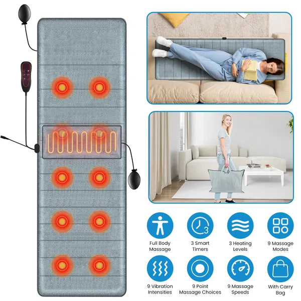 Full Body Electric Massage Mat With Heat Vibration Massage Pad Cushion Back Massage Mattress Chair Pad With Inflatable Head Pillow Lumbar Pillow With 10 Vibration Motors 3 Timers GPCT5281
