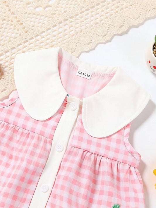 Children's Fruit Embroidered Sleeveless Plaid Dress