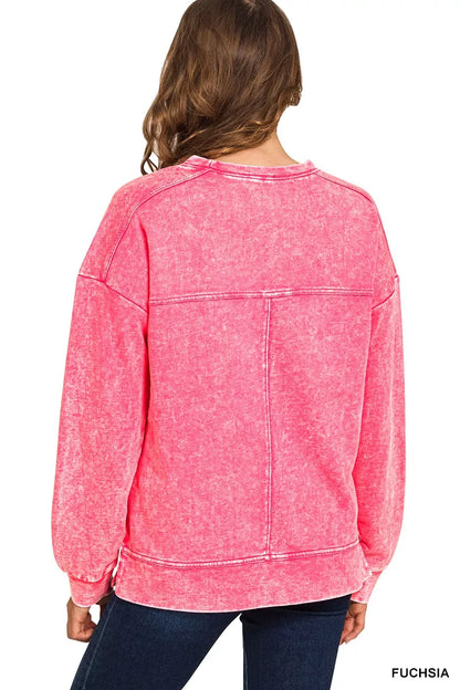 Zenana Acid Wash French Terry Exposed-Seam Pullover