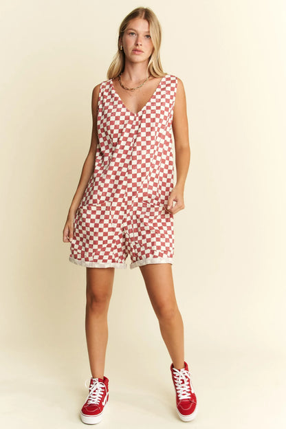 Jade By Jane Plus Size Back Tie Sleeveless Plaid Romper with Pockets