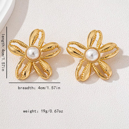 18K Gold-Plated Gold Flower Synthetic Pearl Stud Earrings