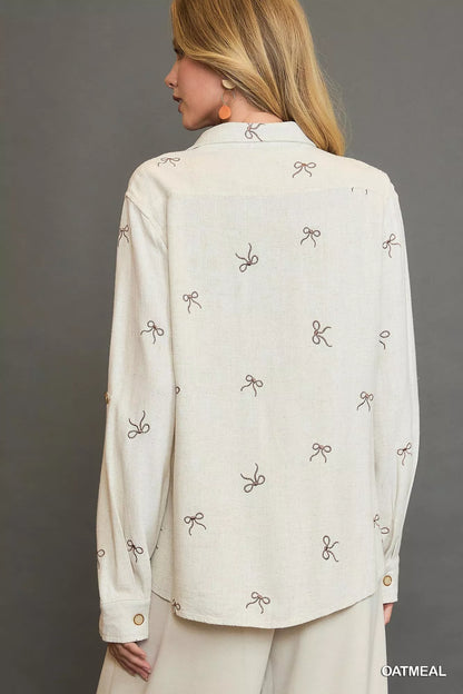Umgee Linen Blend Fitted Shirt with Ribbon Embroidery Details