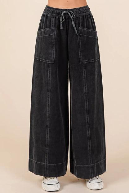 Mittoshop Mineral Wash Wide Leg Elastic Waist Twill Pants