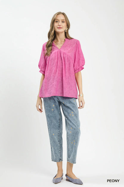 Umgee Textured Lace Trim V-Neck Boho Blouse