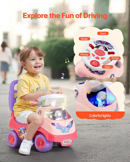 Ride On Toddler Push Car, Push Car For Toddler 19 To 36 Months, Kids Ride On Toy With Horn & Music, 48.5 Lbs Load Capacity, Under-seat Storage, Foot-to-Floor Walker For Toddlers Boys Girls, Pink