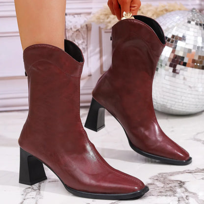 Leather Block Heel Boots
