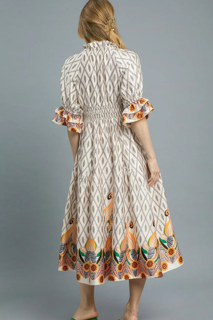 Umgee Printed Smocked Waist Flounce Sleeve Midi Dress