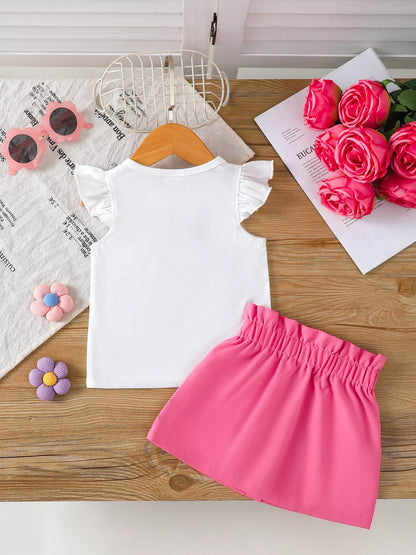 Children's Floral Applique Ruffle Sleeve Top & Skirt Set