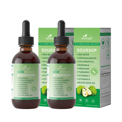 Soursop Drops 10-in-1 With Seaweed, Moringa, Black Seed Oil, Oregano, Ashwagandha, Chlorophyll  Herbal Extracts Promote Overall Health  Vegan 2 Fl Oz
