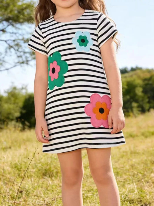 Children's Striped Floral Applique Casual Dress