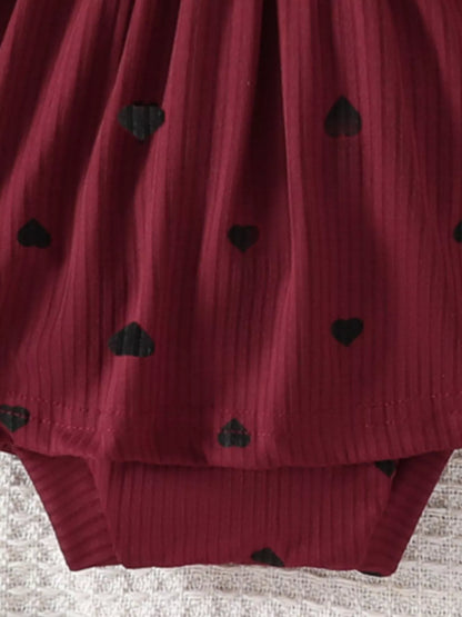 Children's Heart Print Ruffle Trim Bodysuit Dress with Headband
