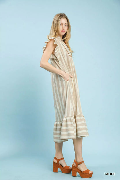 Umgee Stripe Ruffle Sleeve Tiered Midi Dress