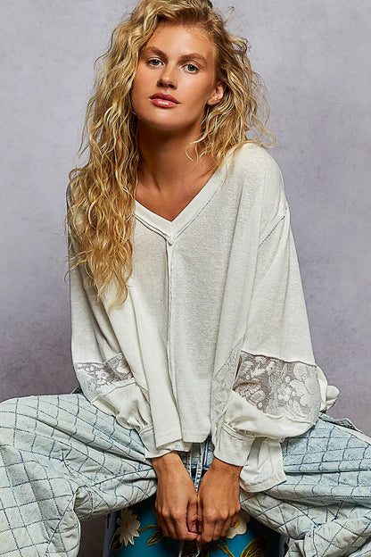 POL V-Neck Long Sleeve T-Shirt with Lace Detail