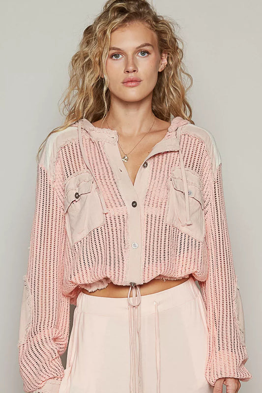 POL Texture Woven Button Down Hooded Shirt with Drawstring Hem
