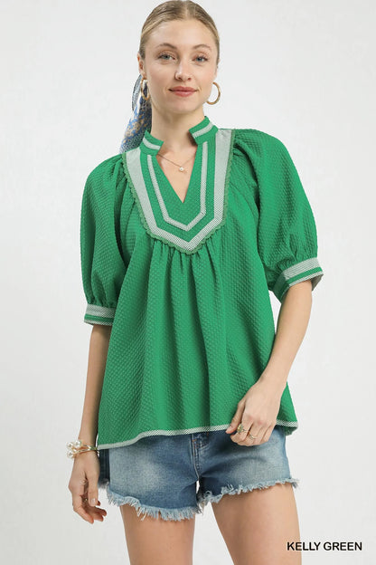 Umgee Textured Jacquard Contrast Trim Top